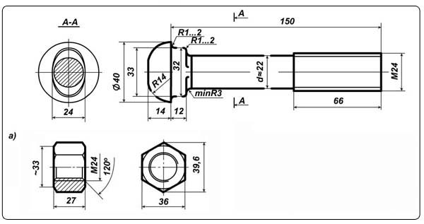 Схема болта стыкового М24х150 с гайкой
